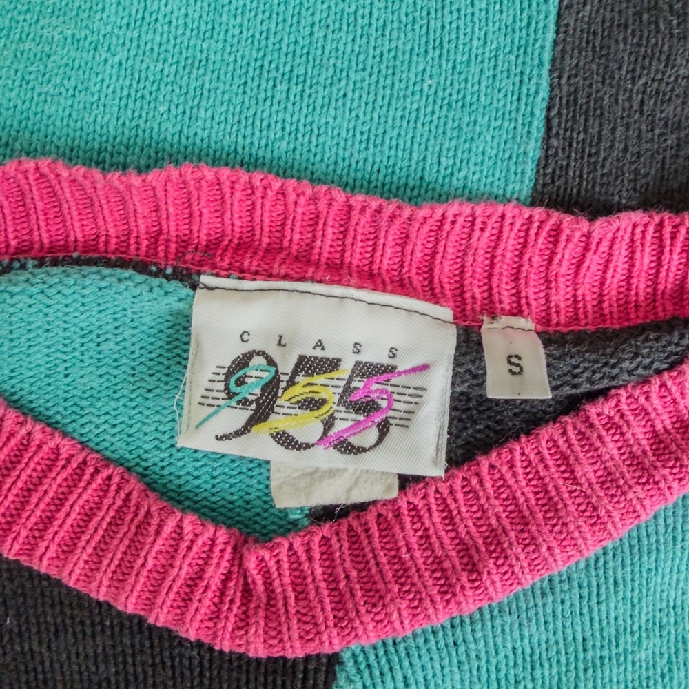 Eclectic Vintage 80's Teal Abstract Retro Cotton Colorblock Sweater Dress Size S - Picture 5 of 6